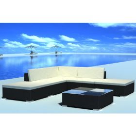 6 Piece Patio Lounge Set with Cushions Poly Rattan Black