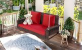 GO 2-Person Wicker Hanging Porch Swing with Chains, Cushion, Pillow, Rattan Swing Bench for Garden, Backyard, Pond. (Brown Wicker, Red Cushion)