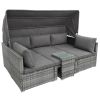 5 Pieces Outdoor Sectional Patio Rattan Sofa Set Rattan Daybed ; PE Wicker Conversation Furniture Set w/ Canopy and Tempered Glass Side Table; Gray