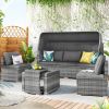 5 Pieces Outdoor Sectional Patio Rattan Sofa Set Rattan Daybed ; PE Wicker Conversation Furniture Set w/ Canopy and Tempered Glass Side Table; Gray