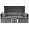 5 Pieces Outdoor Sectional Patio Rattan Sofa Set Rattan Daybed ; PE Wicker Conversation Furniture Set w/ Canopy and Tempered Glass Side Table; Gray