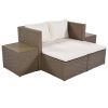 Outdoor 6-Piece Garden Furniture Set; PE Wicker Rattan Sectional Sofa Set with 2 Tea Tables; Brown Wicker+Beige Cushion