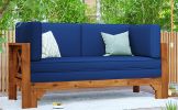 Outdoor Patio Extendable Wooden Sofa Set Sectional Furniture Set with Thick Cushions for Balcony; Backyard; Poolside; Brown Finish+Blue Cushion