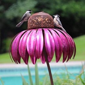 Pink Coneflower Bird Feeder Outdoor Decoration Garden Flower Picaflor Wild Bird Feeder Feeding Outside Rust Resistant Art Metal (Color: Red, Ships From: China)