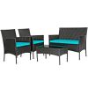 4 Pieces Patio Rattan Cushioned Sofa Set with Tempered Glass Coffee Table