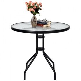 Patio Garden Round 32 Inch Tempered Glass Top Table Square Base Bracket  With Umbrella Hole (Color: Black, size: 32 Inch)