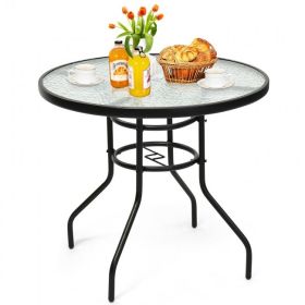 Patio Garden Round 32 Inch Tempered Glass Top Table Square Base Bracket  With Umbrella Hole (Color: Black, size: 32" Inch)