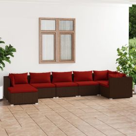 7 Piece Patio Lounge Set with Cushions Poly Rattan Brown (Color: Brown)