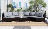 5 Pieces All-Weather Brown PE Rattan Wicker Sofa Set Outdoor Patio Sectional Furniture Set Half-Moon Sofa Set with Tempered Glass Table