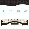 5 Pieces All-Weather Brown PE Rattan Wicker Sofa Set Outdoor Patio Sectional Furniture Set Half-Moon Sofa Set with Tempered Glass Table