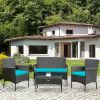 4 Pieces Patio Rattan Cushioned Sofa Set with Tempered Glass Coffee Table